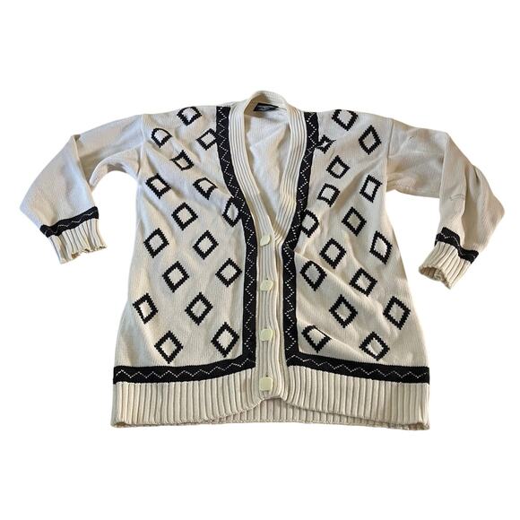 Vtg Y2K White Argyle Diamond Cardigan Wmns M Preppy Academia - Picture 1 of 11